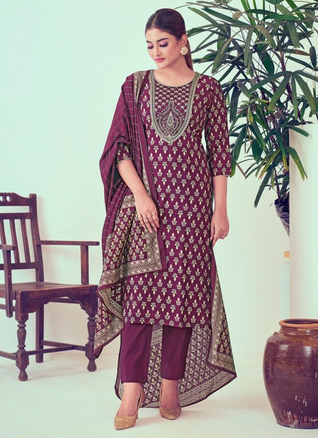 Modal Chanderi Magenta Festival Wear Foil Print Readymade Printed Suit